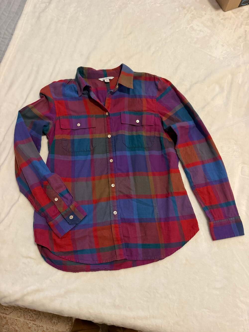 LL Bean Signature Flannel Plaid Blue Red Button Women 6 Soft Warm Granola Girl